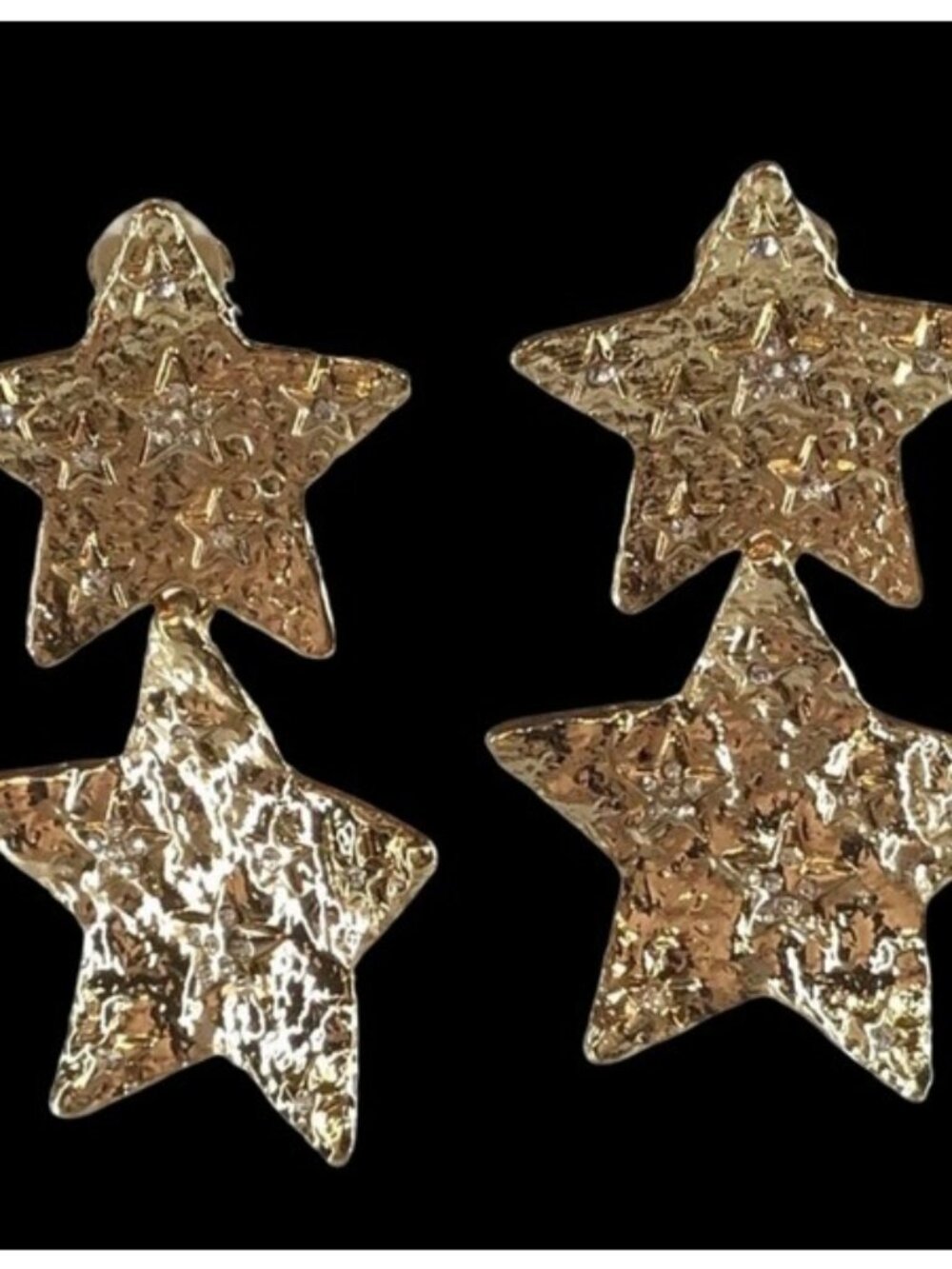 Gold Tone Star Shaped Clip On Dangle Earrings Rhinestone Accents